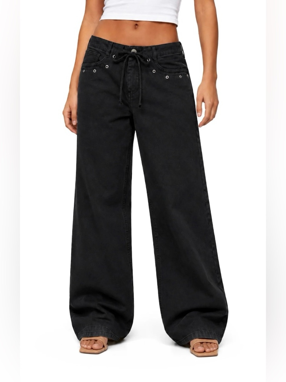 NWT No Boundaries Black Wide Leg Grommet Drawstring Jeans